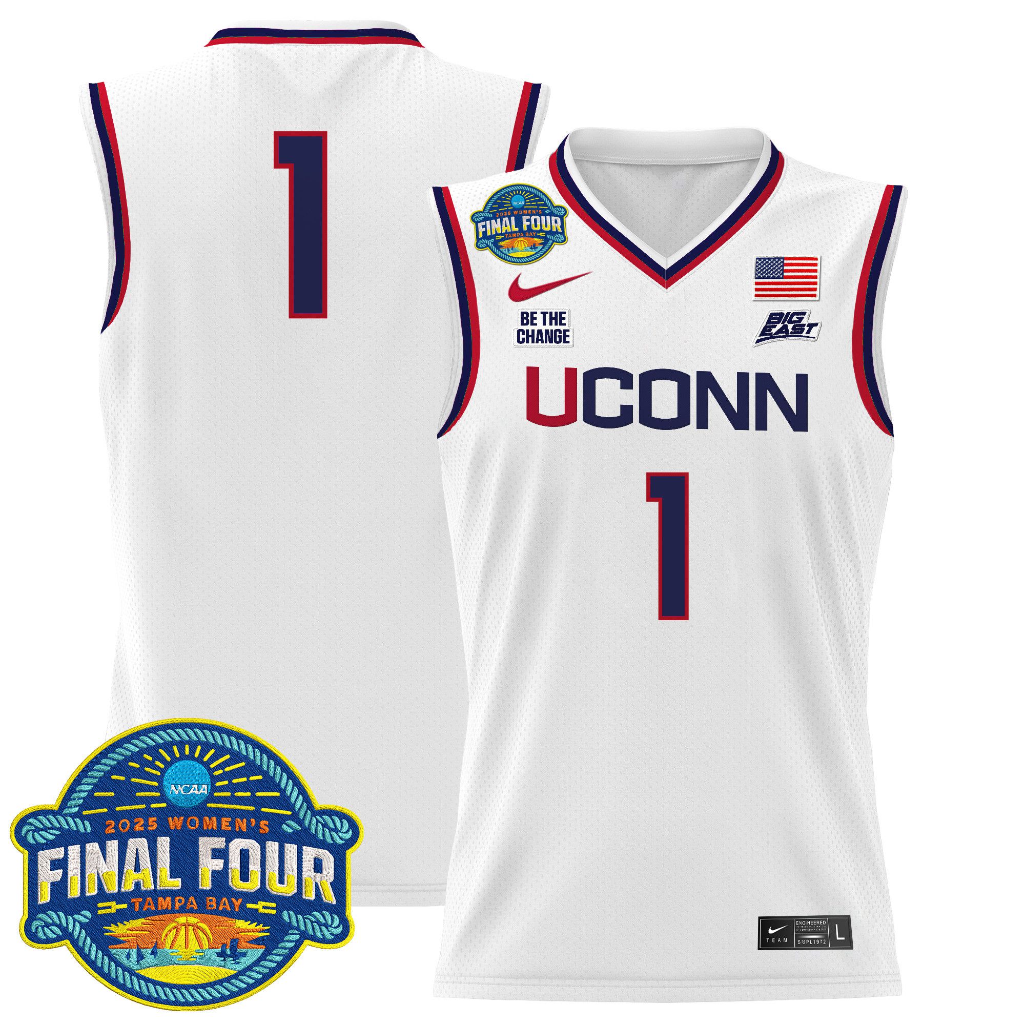 Men UConn Huskies #1 No Name White Nike 2025 Big Eat Final Four Patch Lightweight Basketball NCAA Jersey